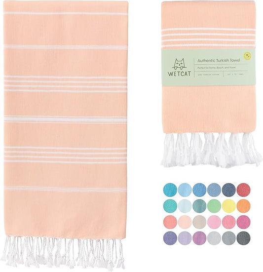 WETCAT Turkish Beach Towel Oversized (38"x71") 100% Turkish Cotton, Made in Turkey - Sand Free, Extra Large, Ultra Soft, Quick Drying, Compact & Lightweight for Travel - Peach