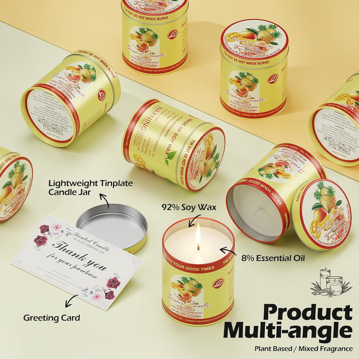 Pineapple Grapefruit Mango Scented Candles Set | 2 Pack 510g 8% Essential Oils 80H Burn | Smokeless Clean Burning Aromatherapy Tin Jar Candles for Home Relaxation, Yoga, Spa Gift for Men&Women