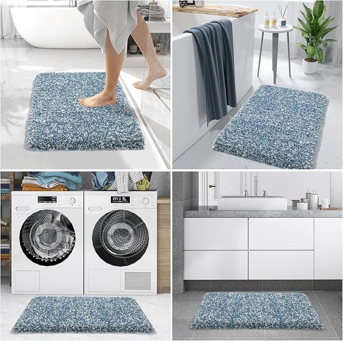 Yimobra Luxury Bathroom Rugs, Fluffy Bath Mats, Non Slip, Water Absorbent Microfiber, Machine Washable, Plush Runner Shower Rugs, Thick Matts for Bathroom Floor&Tub, 60"x 24", Denim Blue and White
