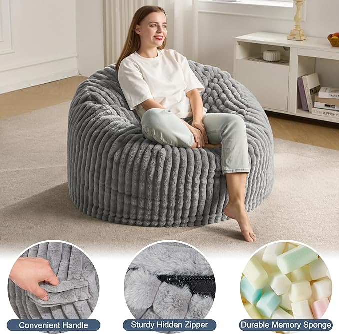 Hobestluk 3ft Bean Bag Chairs for Adults Large Beanbag Chair with Stripe Plush Cover Big Bean Bag Chair for Living Room Bedroom Dorm Office - Grey (36” x 36” x 22”)