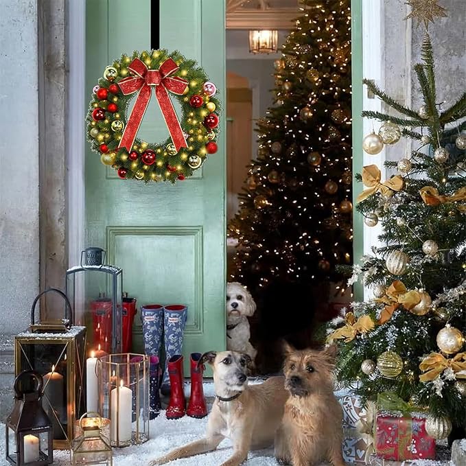 Juegoal 21 Inch Pre-Lit Christmas Wreath with Metal Hanger, Lighted Xmas Folded Wreath with 60 LED Lights, Red Bow and Colorful Balls, Battery Operated & Timer for Outdoor Home Window Wall Front Door