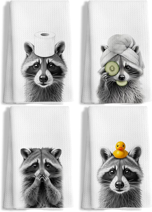 Towel Funny Raccoon Lover Gifts Bathroom Hand Towels Set of 4, Raccoon Bathroom Decor,Cute Kids Hand Towels, 16x24 Inch