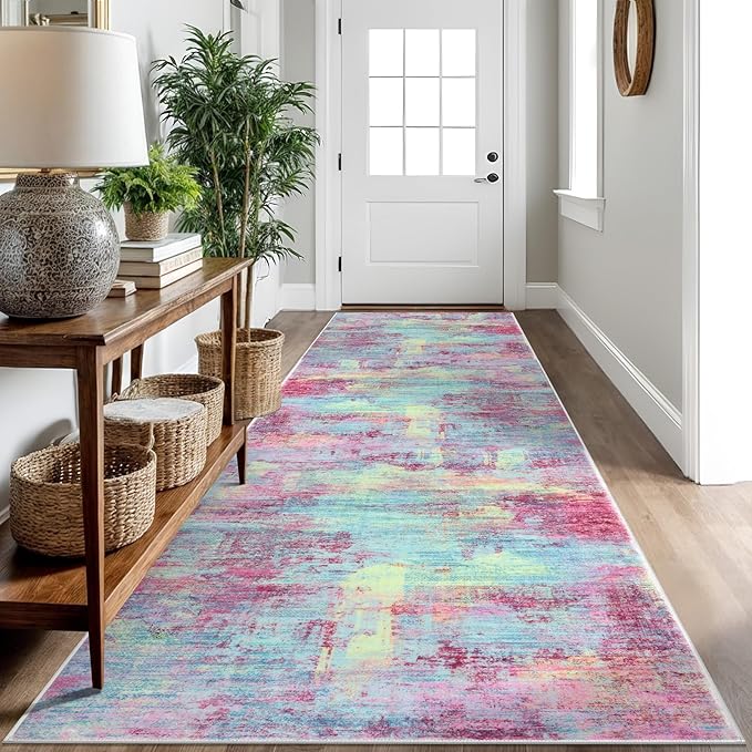 IOHOUZE Abstract Runner Rug 3x10 Ft Washable Runners for Hallways, Non Slip Kitchen Runner Printed Faux Wool Entryway Runner Indoor, Modern Abstract Floor Carpet for Hall Kitchen Bedroom, Pink Teal