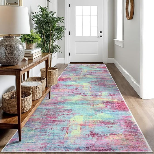 IOHOUZE Abstract Runner Rug 3x10 Ft Washable Runners for Hallways, Non Slip Kitchen Runner Printed Faux Wool Entryway Runner Indoor, Modern Abstract Floor Carpet for Hall Kitchen Bedroom, Pink Teal