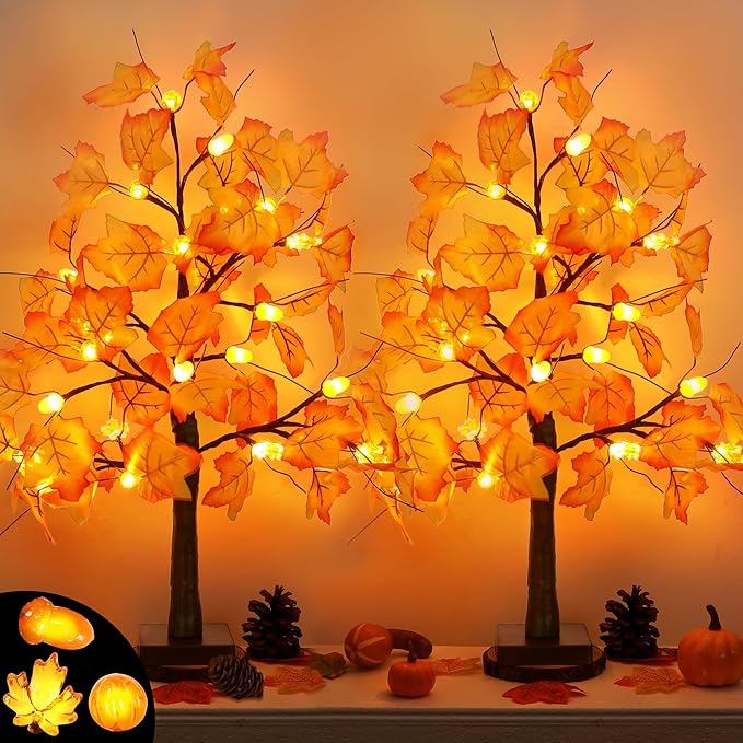 2 Pack 24 Inch Fall Maple Tree with 48LED Battery Operated Lighted Tabletop Artificial Tree with Pumpkin Acorn Maple Fall Centerpieces Indoor Fall Decorations for Home Office Thanksgiving Table Decor