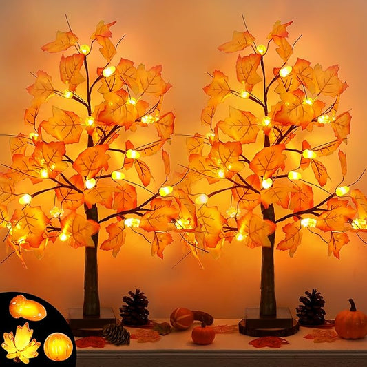 2 Pack 24 Inch Fall Maple Tree with 48LED Battery Operated Lighted Tabletop Artificial Tree with Pumpkin Acorn Maple Fall Centerpieces Indoor Fall Decorations for Home Office Thanksgiving Table Decor