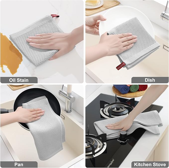 Homaxy 100% Cotton Kitchen Towels and Dishcloths Set, 12 x 12 Inches and 13 x 28 Inches, Set of 12 Bulk Kitchen Towels Set, Ultra Soft Absorbent Dish Cloths for Washing Dishes, Light Gray