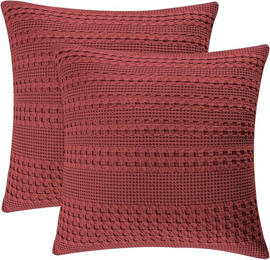 PHF Waffle Weave Euro Pillow Shams, 2 Pack 100% Cotton Pillow Covers 26x26 Inches for Decor, No Insert, Luxury Aesthetic Euro Pillow Cases for Bedroom Decor, Wine Red