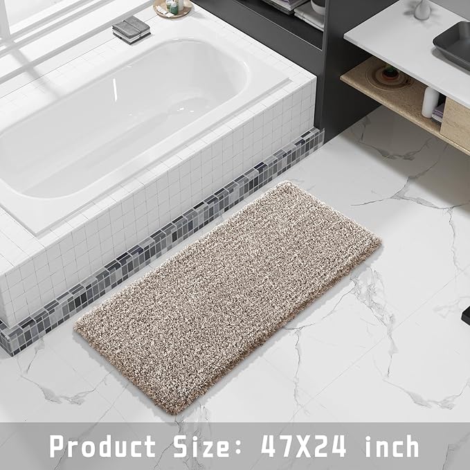 Yimobra Luxury Bathroom Rugs, Fluffy Bath Mats, Non Slip, Water Absorbent Microfiber, Machine Washable, Plush Runner Shower Rugs, Thick Matts for Bathroom Floor&Tub, 47"x 24", Light Brown and White