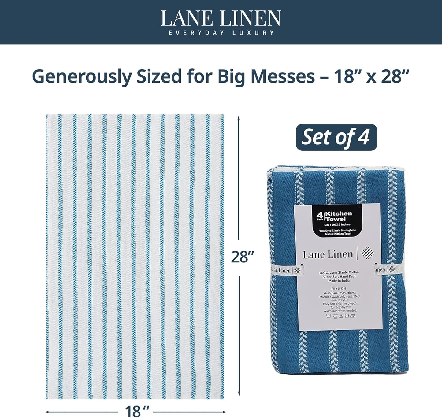 LANE LINEN Kitchen Towels Set - Pack of 4 Cotton Dish Towels for Drying Dishes, 18”x 28”, Absorbent Tea Towels, Quick Drying Kitchen Towel Set - Blue Saphire