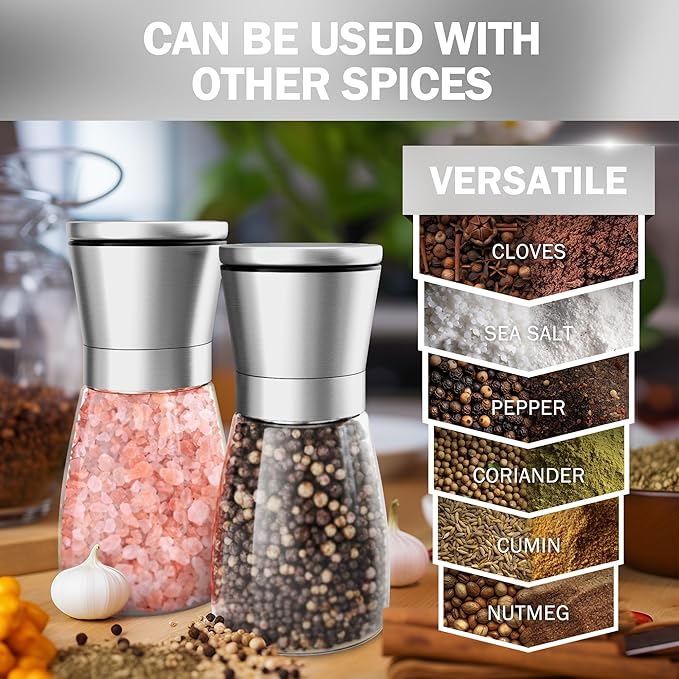 HOME EC Original Stainless Steel Salt or Pepper Grinder 1pk - Adjustable Ceramic Sea Salt Grinder or Pepper Mill - Tall Glass Spice Shaker - Spice Mill w/EBook