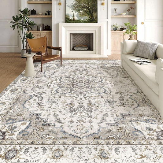 Area Rugs 9x12 Living Room - Large Washable Cream Boho Rugs for Bedroom Soft Vintage Rug Ultra-Thin Farmhouse Oriental Carpet Stain Resistant Rug for Dining Room Guest Room Home Decor