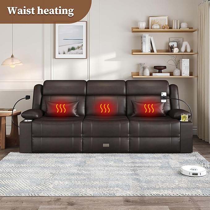 Home Theater Seating，RV Reclining Sofa Set with Adjustable Headrest， Recliner Sofa with Heat and USB&Type-C, Dawer & Cup Holders, 150° Recline for RV & Living Room(3-Seater Brown)