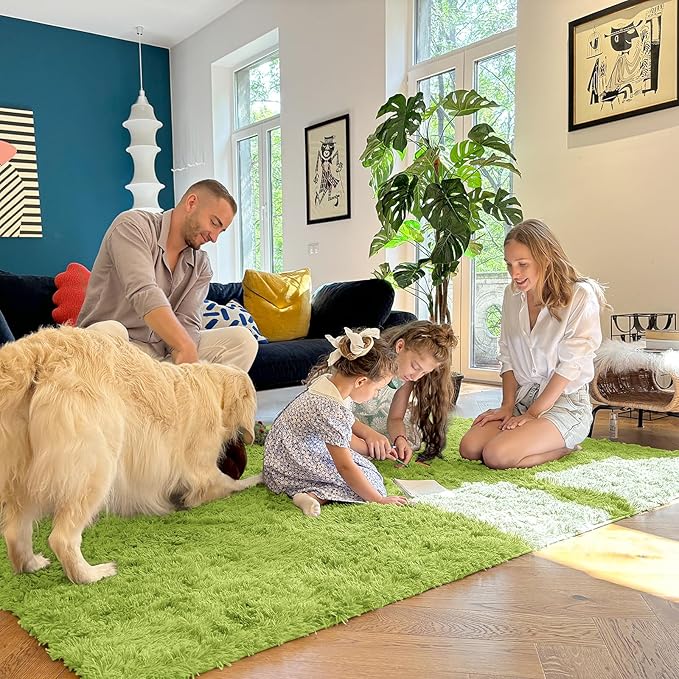 OLANLY 9x12 Machine Washable Large Area Rugs for Living Room, Bedroom, Soft Fluffy Shaggy Bedside Rug, Indoor Floor Carpet for Kids Girls and Boys, Dorms, Nursery, Home Decor Aesthetic, Grass Green
