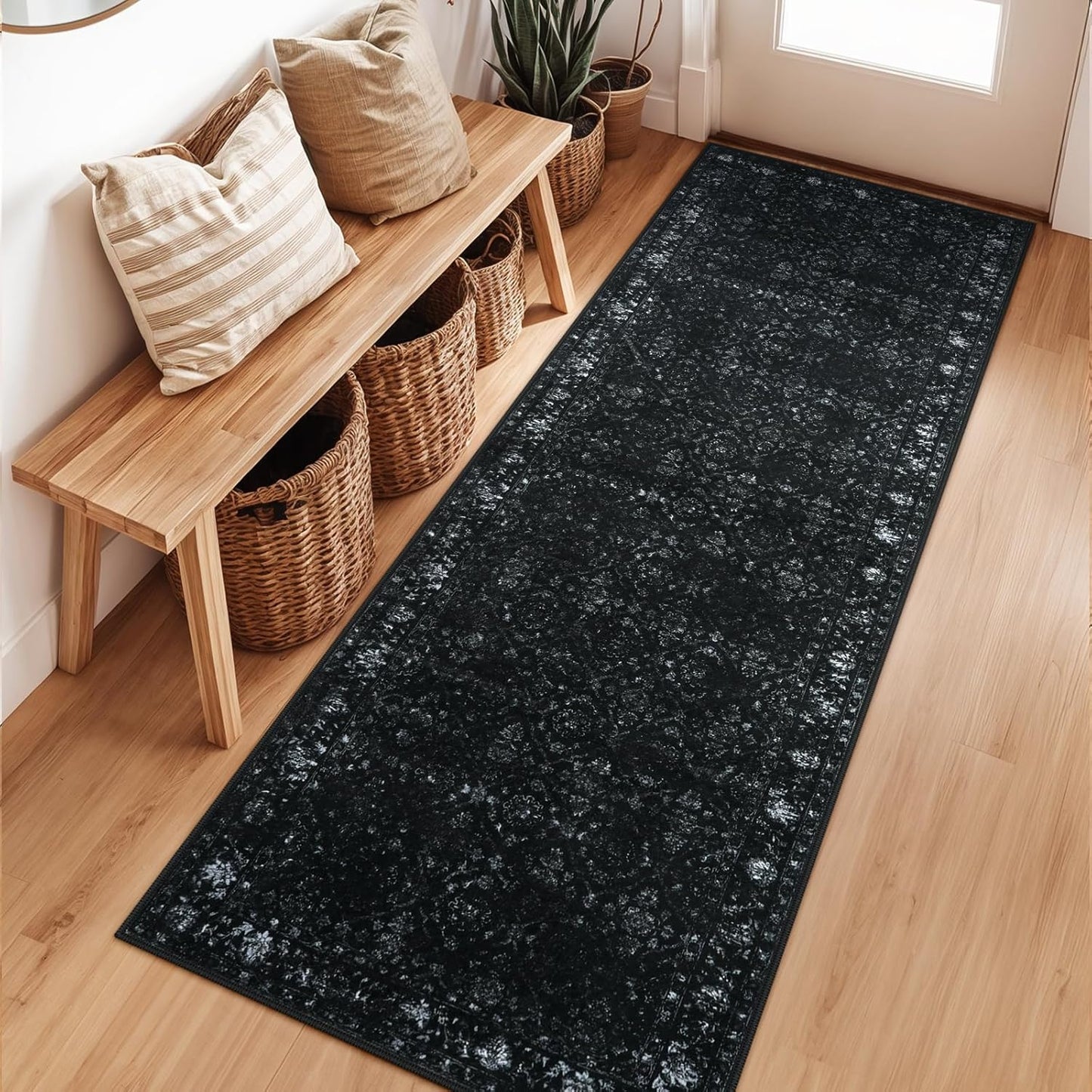 Vintage Black Kitchen Runner Rug, 2x6 Washable Runners for Hallways Non Slip, Ultra-Thin Floor Carpet Runners for Hallway 6 ft Entryway Laundry Bedroom Bathroom(2'x6', Black)