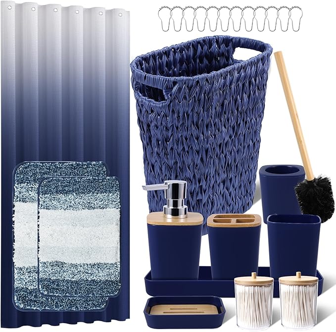 Navy Blue Bathroom Accessories Set with Wicker Trash Can Shower Curtain and Rugs,Bathroom Sets Small Waste Basket Bathroom Trash Can for Bedroom Bathroom