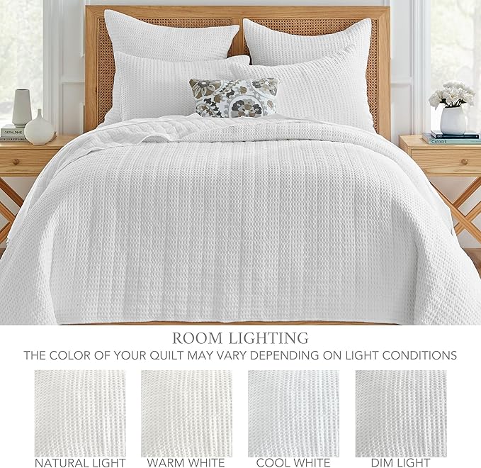 Levtex Home Mills Waffle Queen Bedspread Set (104x106in) with 2 Pillow Shams (26x20in) - Bright White - 100% Cotton Queen Size Bedspread Set - Lightweight, Soft, Pre-Washed