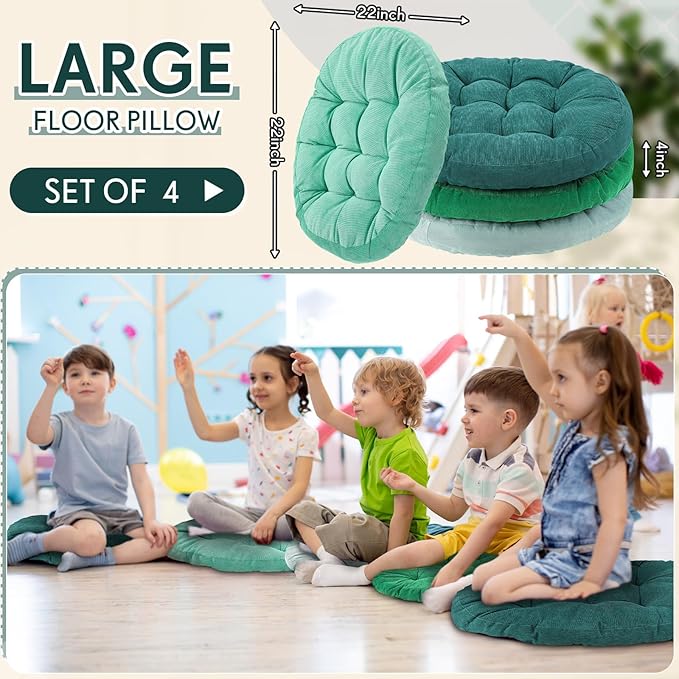 Jerify 4 Pcs Floor Pillow Cushions 22 x 22 Inch Round Square Large Meditation Floor Pillow for Classroom Adult Meditation Picnic Party Cushion for Seating Gift Christmas(Gradual Green,Round)