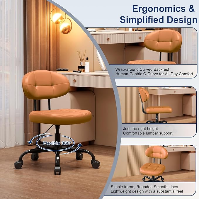 Misolant Vanity Chair with back, Small Armless Cute office Chair with wheels and Lumbar support, Comfy PU Leather Desk Computer Chairs with Adjustable Height, 360°Swivel for Home Bedroom Office, Brown