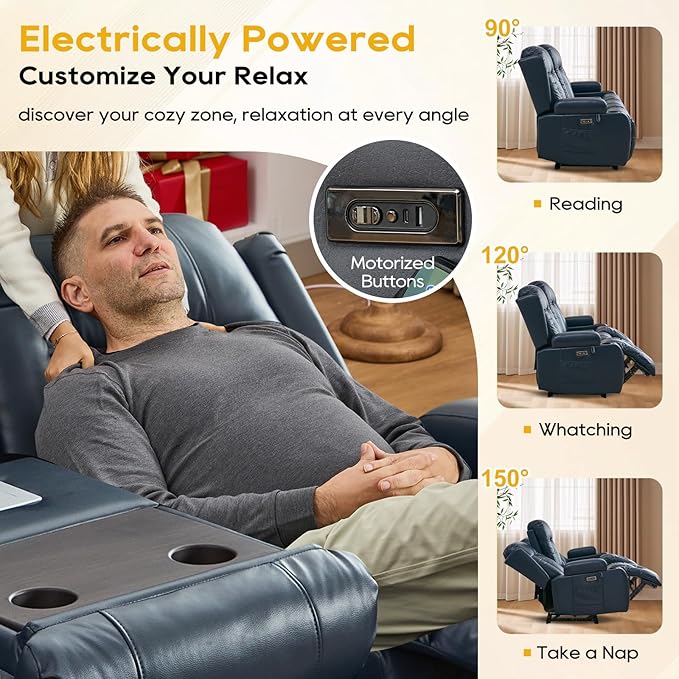 IPKIG 89" Power Reclining Loveseat Sofa, Electric Home Theater Seating with Console/4 Colors Ambient Lighting/Bluetooth Speakers/USB Ports/Built-in Outlets (Blue, 3-Seater with Console)