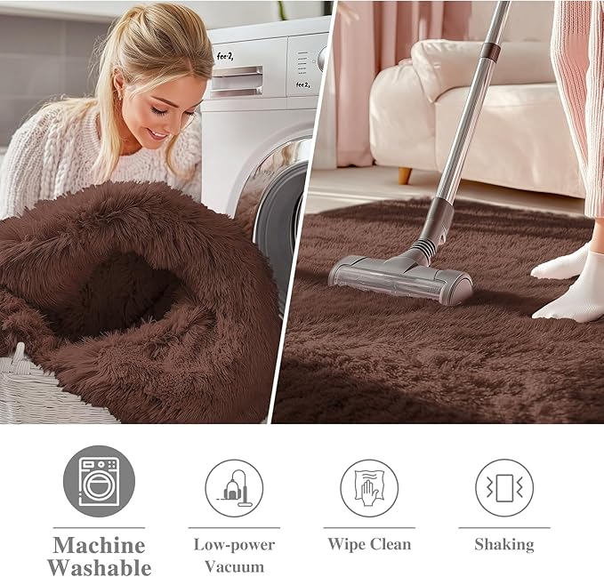 OLANLY Coffee Round Rugs for Bedroom - Machine Washable, 4 ft Circle Area Rugs for Living Room, Soft and Fluffy Shaggy Carpet for Teen Girls and Boys, Nursery Rooms, Dorms, Home Decor Aesthetic