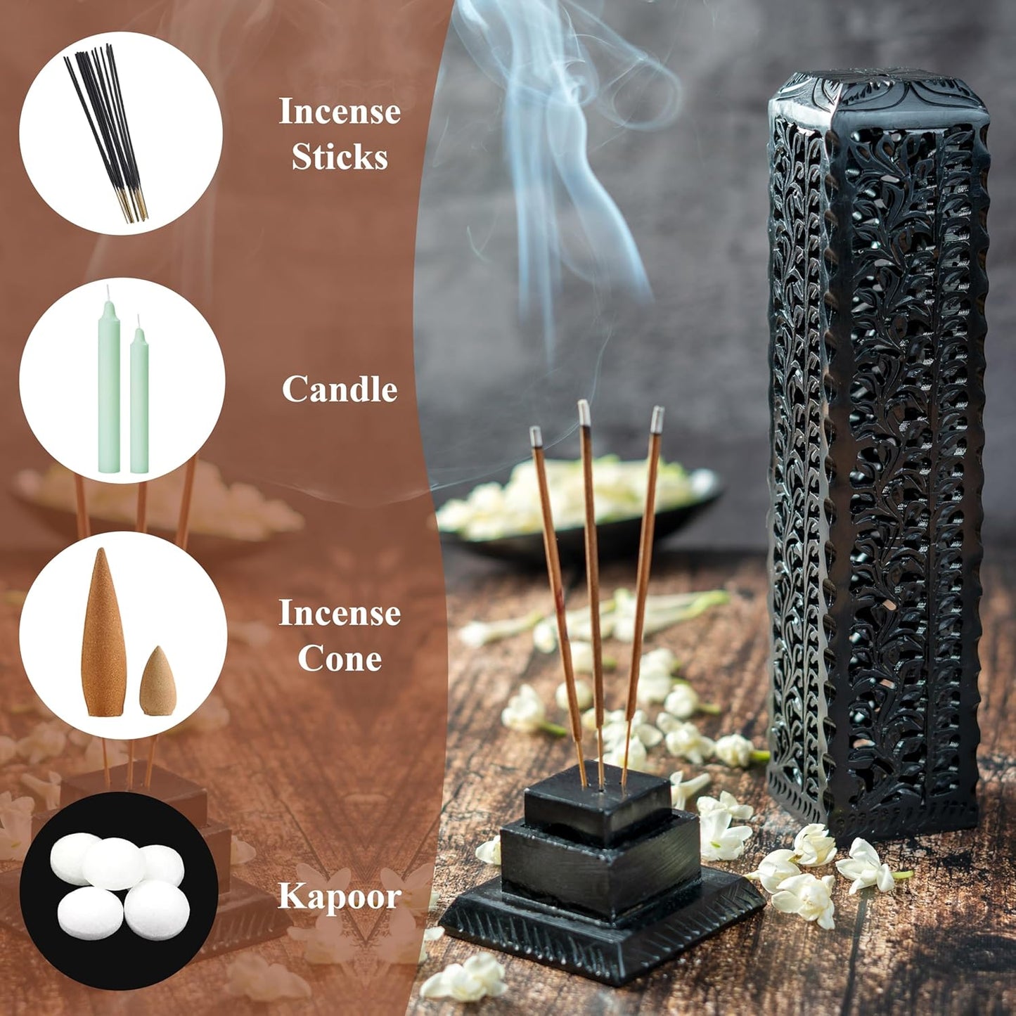 Crocon Handmade Black Marble Soapstone Incense Stick Burner Square Shape Leaf Design Tower Burner | Incense Cone & Candle Stick Holder | Decorative Home & Kitchen Best Gift Size LxWxH, 2.7x2.7x10 Inch