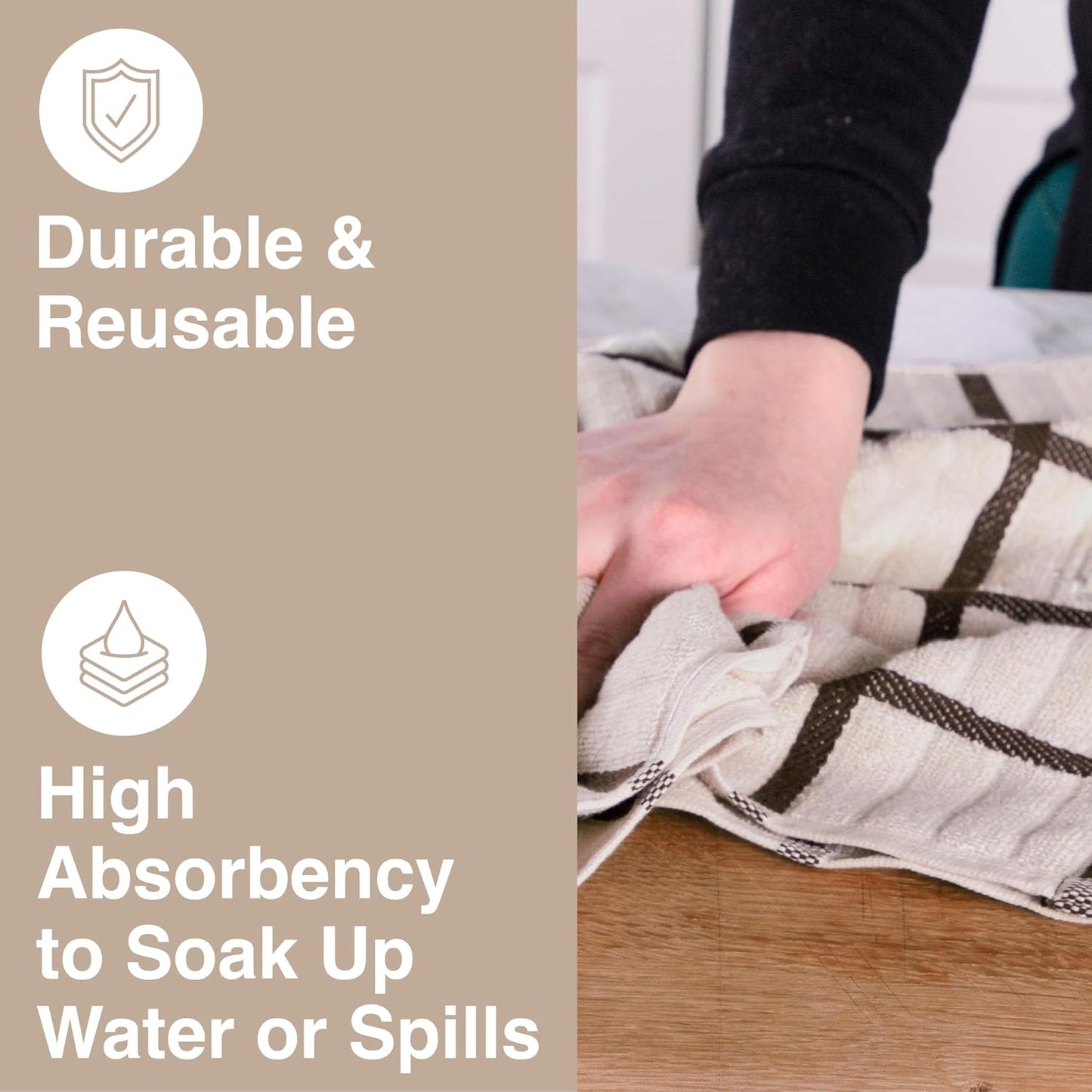 All-Clad Checked Kitchen Towel: Highly Absorbent, Super Soft Long Lasting - 100% Cotton, 17"x30" Tea Towel for Cleaning & Drying Dishes, Pans, Glassware, or Countertops, (1-Pack), Almond