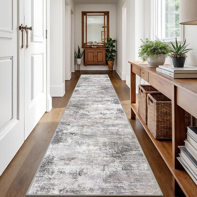 IOHOUZE Abstract Runner Rug 2x12 Ft Washable Runners for Hallways, Non Slip Kitchen Runner Printed Faux Wool Entryway Runner Indoor, Modern Abstract Floor Carpet for Hall Kitchen, Grey Beige