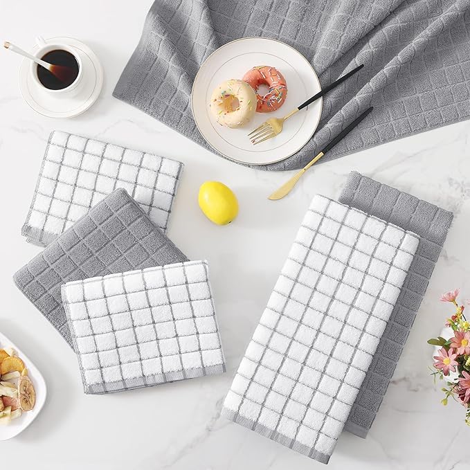 Homaxy Premium Cotton kitchen towels 16"x 28", Large Natural Ring Spun 390 GSM Dish Towels, Super Absorbent Terry Kitchen Hand Towels, Soft Tea Towel with Hanging Loop, Light Grey Check Design, 6 Pack