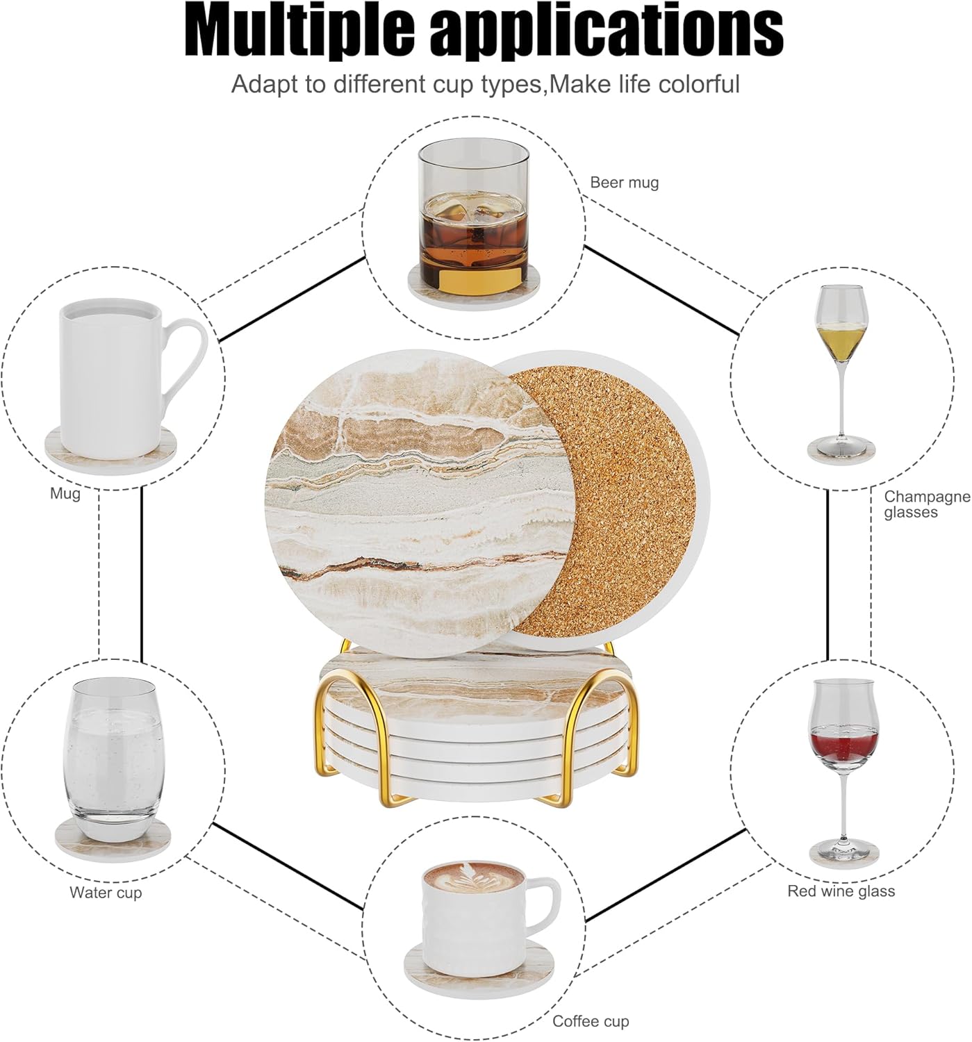 Coasters for Drinks Set of 4, Absorbent Marble with Metal Golden Holder, Ceramic Coaster Set Cup Mat for Home Decor, Bar, Kitchen, Party