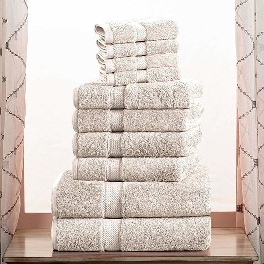 Superior Egyptian Cotton Pile 10 Piece Towel Set, Includes 2 Bath, 4 Hand, 4 Face Towels/Washcloths, Ultra Soft Luxury Towels, Thick Plush Essentials, Guest Bath, Spa, Hotel Bathroom, Stone