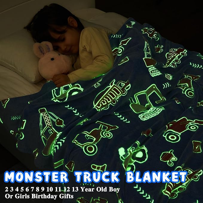 Inhand Truck Car Construction Toys Glow in the Dark Blanket Truck Gifts for Boys Kids Throw Blanket Car Excavator Crane Toys for Kids Boys Birthday Halloweenchristmas Cute Soft Room Decor Blue 50"X60"