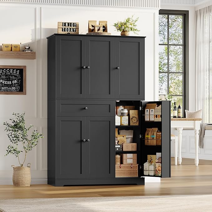 HOSTACK 68" Tall Kitchen Pantry Storage Cabinet, Modern Kitchen Hutch Cabinet with Doors and Shelves, Freestanding Food Pantry with Large Storage Drawer for Dining Room, Living Room, Black