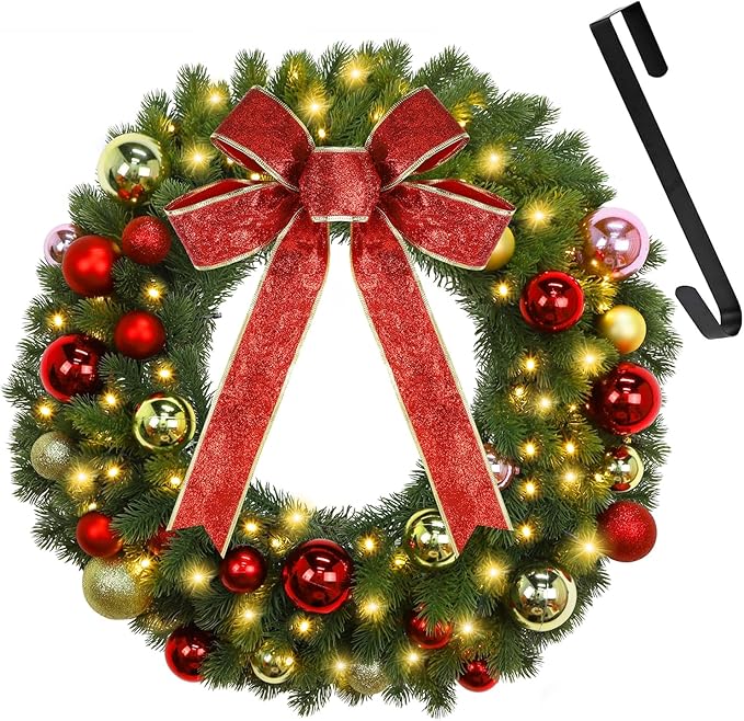 Juegoal 21 Inch Pre-Lit Christmas Wreath with Metal Hanger, Lighted Xmas Folded Wreath with 60 LED Lights, Red Bow and Colorful Balls, Battery Operated & Timer for Outdoor Home Window Wall Front Door