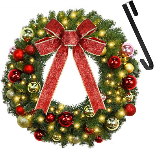 Juegoal 21 Inch Pre-Lit Christmas Wreath with Metal Hanger, Lighted Xmas Folded Wreath with 60 LED Lights, Red Bow and Colorful Balls, Battery Operated & Timer for Outdoor Home Window Wall Front Door