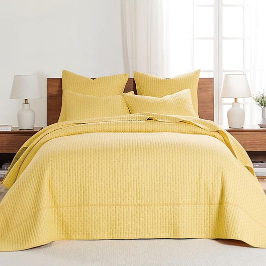 Levtex Home Cross Stitch Reversible Queen Bedspread Set (104x106in) with 2 Pillow Shams (26x20in) - Stitch Texture - Yellow - Cotton Queen Size Bedspread Set - Lightweight, Soft, Pre-Washed