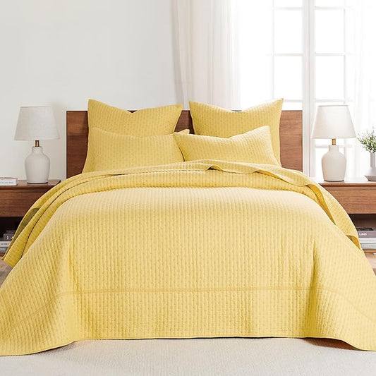 Levtex Home Cross Stitch Reversible Twin Bedspread Set (84x104in) with 1 Pillow Sham (26x20in) - Stitch Texture - Yellow - Cotton Twin Size Bedspread Set - Lightweight, Soft, Pre-Washed