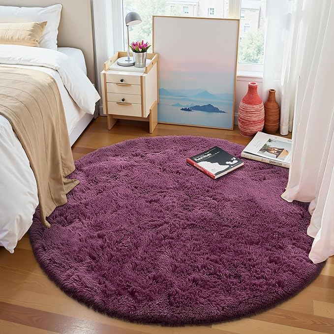 OLANLY Burgundy Round Rugs for Bedroom - Machine Washable, 8 ft Circle Area Rugs for Living Room, Soft and Fluffy Shaggy Carpet for Teen Girls and Boys, Nursery Rooms, Dorms, Home Decor Aesthetic