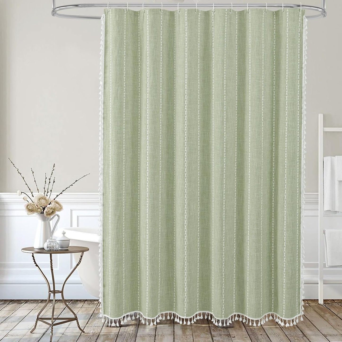 MitoVilla Boho Small Stall Fabric Shower Curtain 36 x 72, Sage Green Half Size Narrow Polyester Linen Tassel Cloth Shower Curtains for Chic Modern Farmhouse Country Bathroom Decor