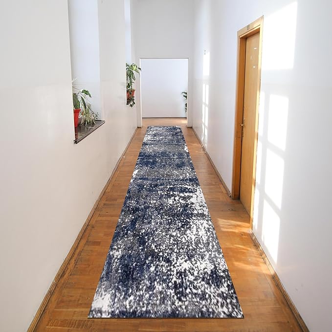 Keen Home Design Area Rugs - 2x18 Non-Shedding, Abstract Rugs for Kitchen, Living Room, Bedroom, Dining Room, Entryway - Size: 2'8" x 18', Navy/Grey/White