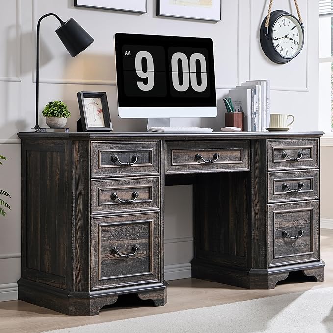 T4TREAM 59" Farmhouse Executive Desk with Drawers,Wood Home Office Computer Desk, Featuring Keyboard Tray,Charging Station,File Drawer, Storage Cabinet,for Work and Study (Dark Rustic Oak)