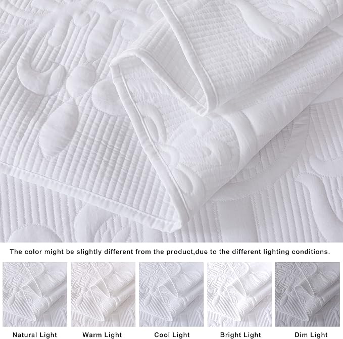 White Damask Quilt California Cal King Size Bedding Sets with 2 Pillow Shams, Oversized Boho Bedspread Lightweight Soft Farmhouse Vintage Coverlet Jacquard Pattern Bed Cover for All Season, 3 Pieces