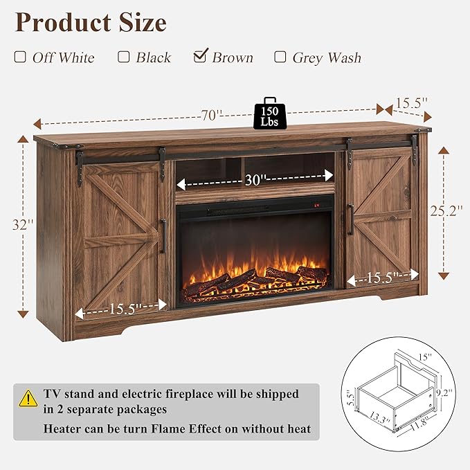 JXQTLINGMU Farmhouse Fireplace TV Stand for 80 Inch TV, 32" Tall Entertainment Center w/Drawer & Sliding Barn Door, 70 Inch Highboy Media Console for Living Room, Brown