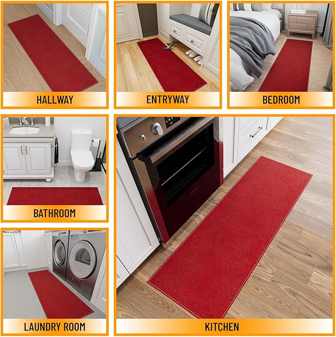 Ottomanson 20" x 59" Ultra-Thin Hallway Runner Rug - Durable Non-Slip Carpet for High-Traffic Areas - Fits Under Doors for Seamless Entry - Ideal for Kitchen, Entryway, Bedroom & Living Room, Red