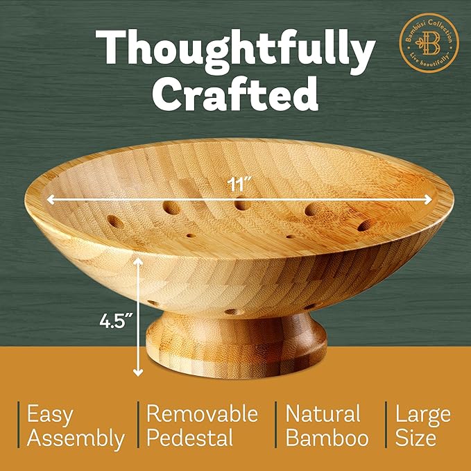Bambüsi Wooden Fruit Bowl - Large Decorative Pedestal Bowl for Kitchen Counter, Dining Table, and Home Decor - Modern Serving Bowl for Fruits, Salads, Keys, Centerpiece, Entryway
