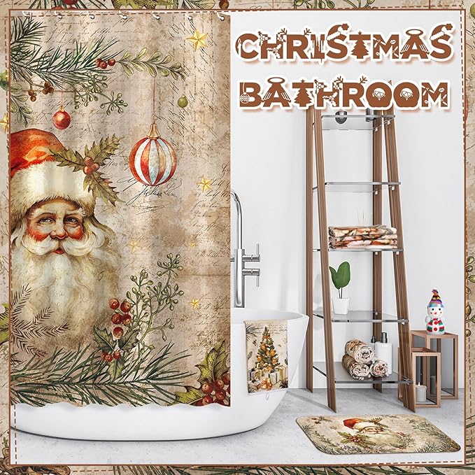 8 Pcs Christmas Shower Curtain Set Xmas Santa Bathroom Decoration Christmas Tree Hand Towels Snowman Toilet Lid Cover Bathroom Rugs Xmas Shower Curtain with Hooks(Santa Claus Style)