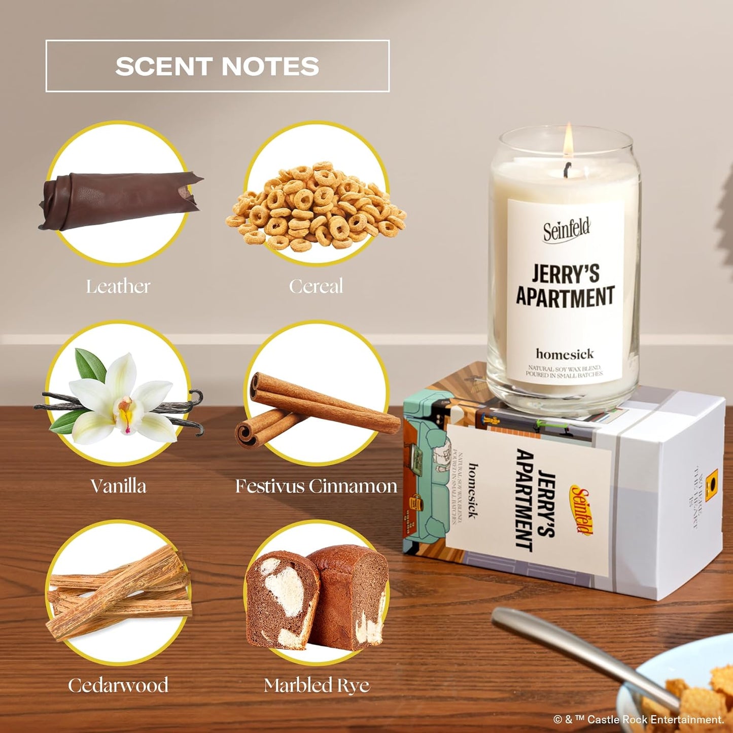 Homesick Scented Candles for Home (Jerry's Apartment) - 13.75 oz Long-Lasting Soy Wax Jar Candle for Women & Men for All Occasions, 60-80 Hours Burn Time - Notes of Suede Leather, Vanilla & Cedarwood