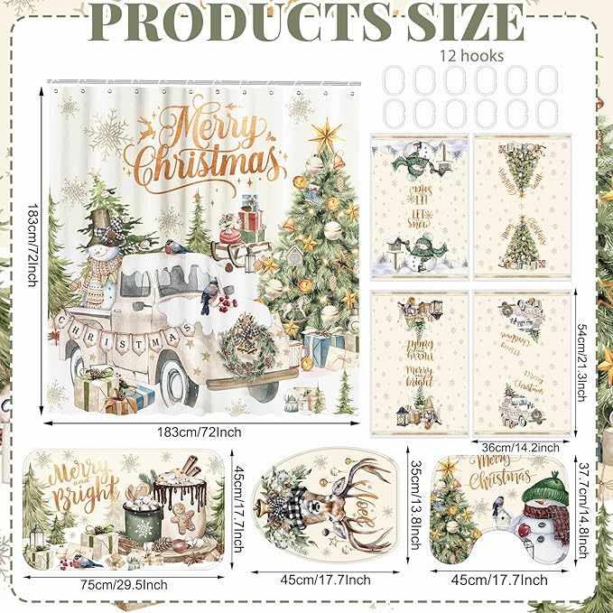 8 Pcs Christmas Shower Curtain Set Xmas Santa Bathroom Decoration Christmas Tree Hand Towels Snowman Toilet Lid Cover Bathroom Rugs Xmas Shower Curtain with Hooks (Vintage Style)