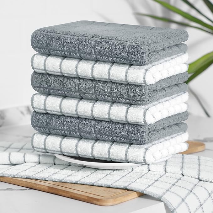 Homaxy Premium Cotton Kitchen Towels 16"x 28", Large Natural Ring Spun 390 GSM Dish Towels, Super Absorbent Terry Kitchen Hand Towels, Soft Tea Towel with Hanging Loop, Grey Check Design, 8 Pack