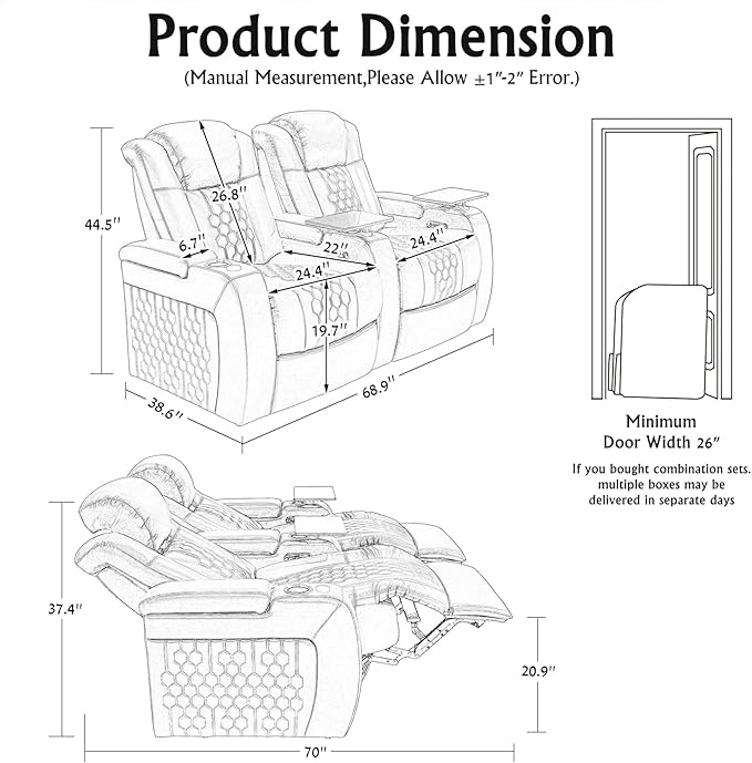 Home Theater Seating, Living Room, Powered Headrest, Powered Lumbar, Italian Leather, Powered Recline, Single Recliner (Coffee Color, Row of 2)